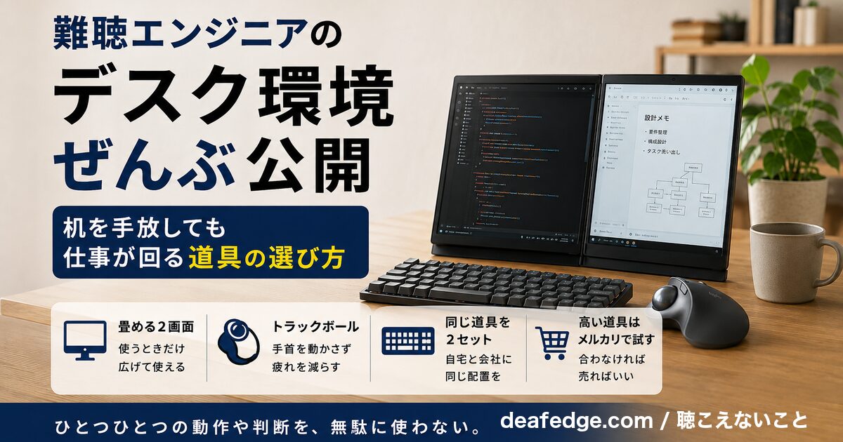 難聴エンジニアのデスク環境：畳める2画面モバイルモニターとロジクールのキーボード・トラックボールを置いた机。畳める2画面／トラックボール／同じ道具を2セット／高い道具はメルカリで試す、の4点をまとめたアイキャッチ