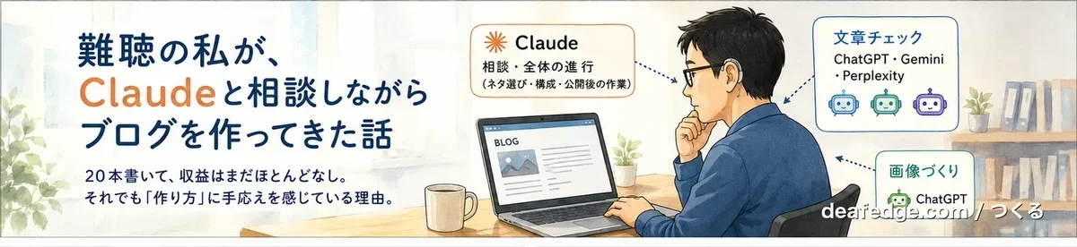 40代のメガネと補聴器をつけた男性がノートパソコンでブログを書きながら、Claude・ChatGPT・Gemini・Perplexityと役割を分けて相談している様子