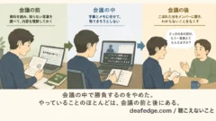 会議の前・中・後の3コマ。前=資料を読み知らない言葉を調べる、中=パソコンの字幕とメモに任せる、後=同僚に聞き返す。補聴器をつけた男性が主人公