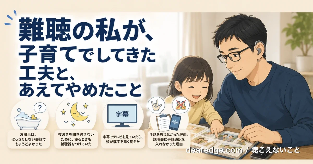 難聴の私が、子育てでしてきた工夫とあえてやめたことのアイキャッチ。メガネと補聴器をつけた40代の父親と娘が写真アルバムを見ている。お風呂・夜泣き・字幕・手話通訳の4つの場面アイコン付き