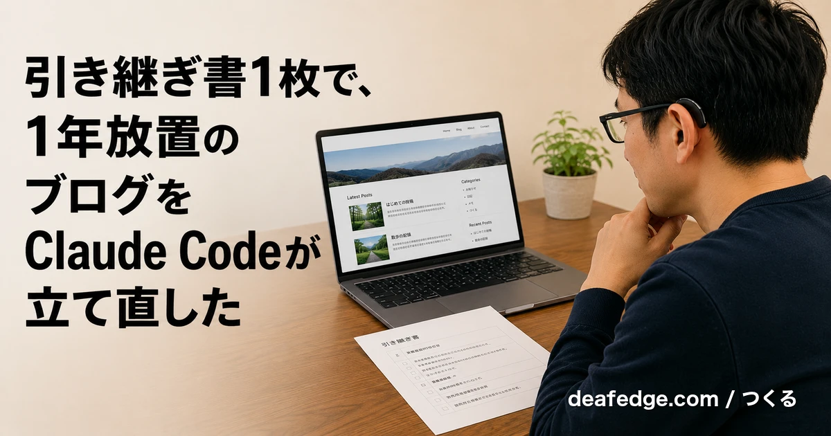 1年放置していたブログを引き継ぎ書とClaude Codeで立て直している男性のイラスト、deafedgeアイキャッチ