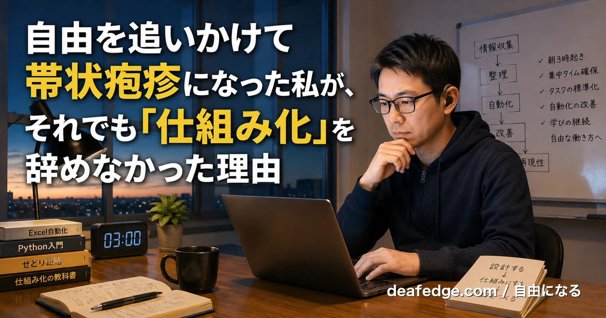 40代前半で眼鏡と補聴器をつけた男性が夜の仕事場でノートパソコンに向かい考え込んでいる。背景のホワイトボードに仕組み化のフロー図が描かれている
