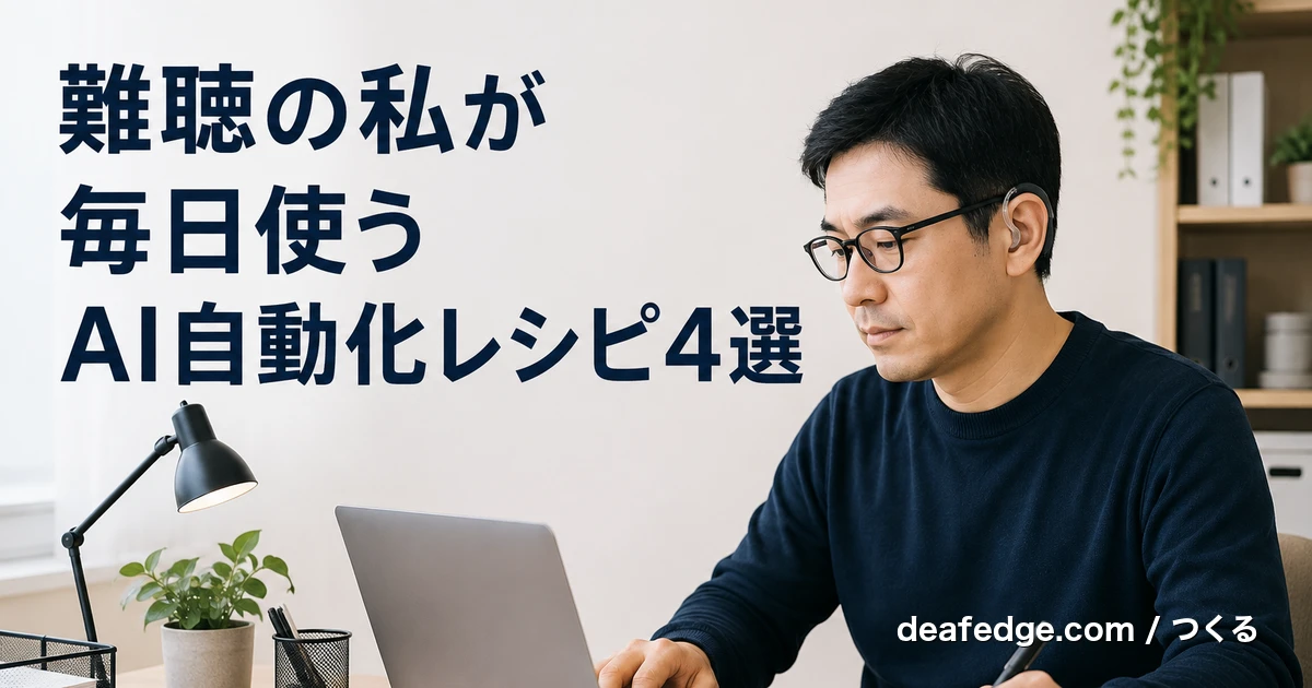 AIに毎日の作業を任せている難聴の男性のイラスト、deafedgeアイキャッチ