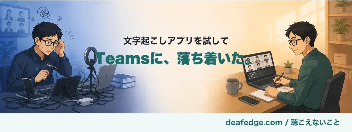 左は寒色で、机の上のケーブルとタブレットに囲まれUDトークのセッティングに困っている男性。右は暖色で、Teamsの文字起こしを見ながら落ち着いて会議に参加している男性。同じメガネと補聴器をつけた男性。