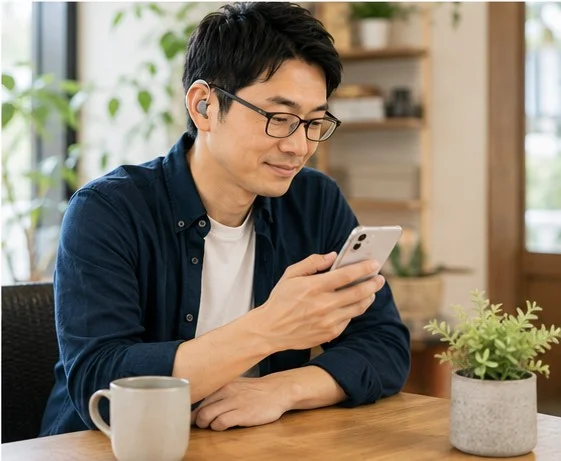 観葉植物のある部屋で、男性がコーヒーを片手に、スマートフォンでメッセージを確認しながら穏やかな表情をしている