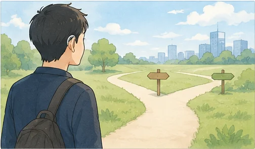 リュックを背負った補聴器の男性が、公園の分かれ道の前に立ち、街へ続く2つの道しるべを見ている