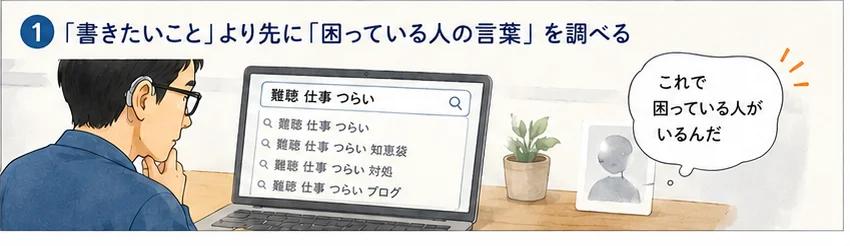 検索窓に「難聴 仕事 つらい」と入力し検索候補を見ている男性。『これで困っている人がいるんだ』という吹き出し
