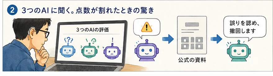 3つのAIの表情が食い違う評価画面を見る男性。公式資料を確認したAIが誤りを認めて撤回するまでの流れ