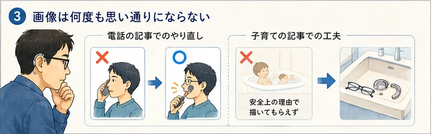 電話を耳に当てた誤った絵を、スマホを口元に近づける正しい絵に描き直す様子と、入浴シーンの代わりに洗面台のメガネと補聴器だけを描いた絵