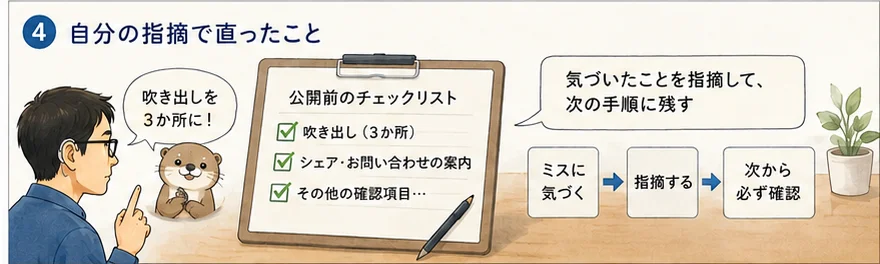カワウソが『吹き出しを3か所に!』と伝え、公開前のチェックリストに確認項目が増えていく様子