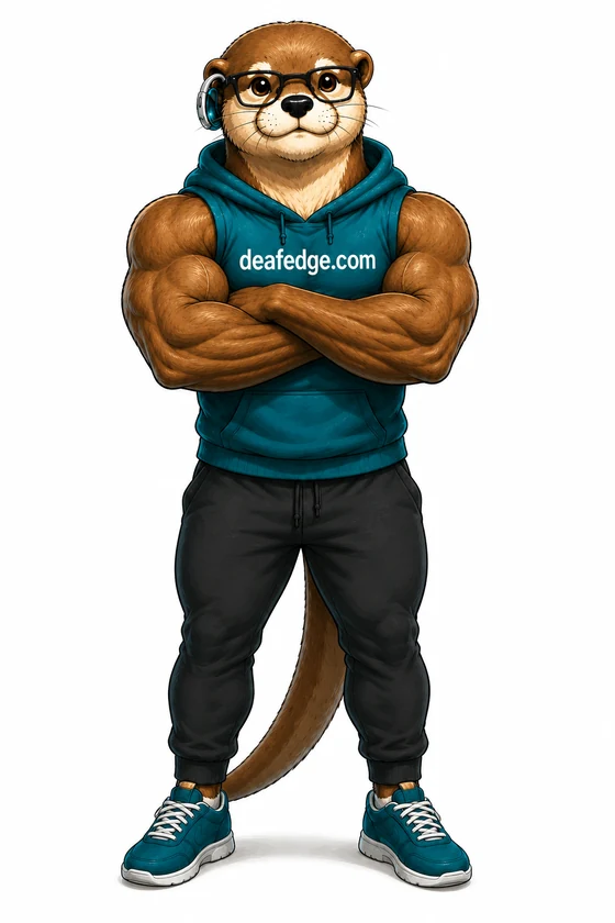 deafedge.comのキャラクター。黒縁メガネをかけ、右耳に補聴器をつけたマッチョなカワウソが、ティール色のパーカーで腕を組んで立っている全身のイラスト