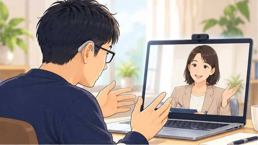 40代前半に見える、メガネと補聴器をつけた男性が、ノートパソコンの画面の担当者とオンラインで模擬面接をして、身ぶりを交えて受け答えの練習をしている