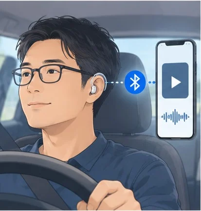 運転席で補聴器をつけた男性が、スマートフォンとBluetoothで接続している場面。スマホの画面には再生中の音声コンテンツが表示されている