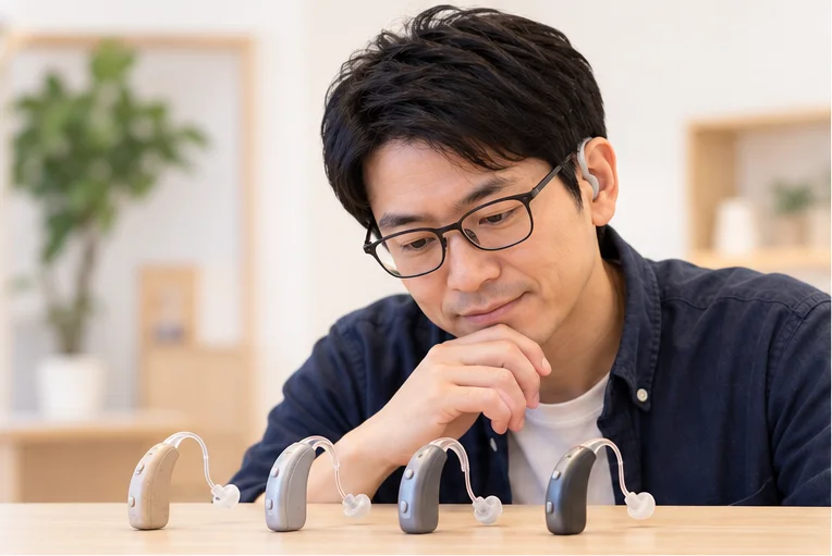 机の上に、年代の違う耳かけ型の補聴器が4つ、古いものから新しいものへ並んでいる。40代前半に見える、メガネと補聴器をつけた男性がそれを穏やかに眺めている