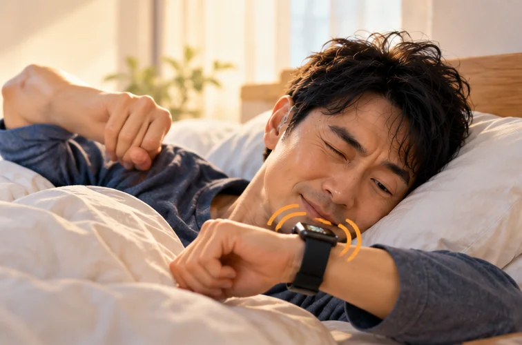 朝のベッドで、40代前半に見える男性が、手首のスマートウォッチの振動で目を覚まそうとしている場面。時計のまわりに振動を表す波が描かれている