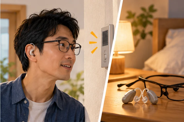 左は、メガネと補聴器をつけた40代前半に見える男性が、壁のインターホンの光と音に気づいている昼の場面。右は、夜の枕元に補聴器とメガネが外して置かれている場面