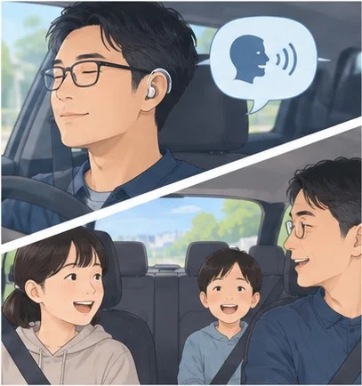 上段は補聴器をつけた男性が話し声を聴いている横顔。下段は後部座席の娘と息子が笑いながら父親と会話している車内の様子