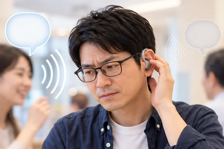40代前半に見える、メガネと補聴器をつけた男性が、最新の補聴器を試している。まわりの人の声を表す吹き出しが薄く消されてしまい、少し困った顔で耳に手を当てている