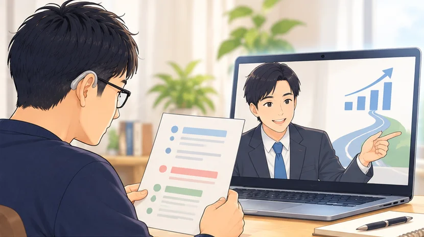 40代前半に見える、メガネと補聴器をつけた男性が、自分で作った得意・不得意のメモを手に持ち、画面の担当者が将来の方向を指し示して提案している