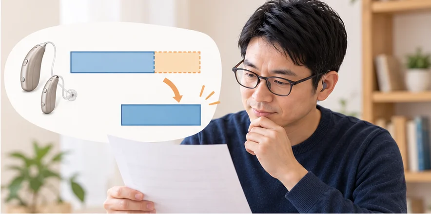 40代前半に見える、メガネと補聴器をつけた男性が、書類を手に考えている。そばの吹き出しには補聴器と、値段を表す帯から補助の分を取り除いて、残りが自分で払う分になる様子が描かれている