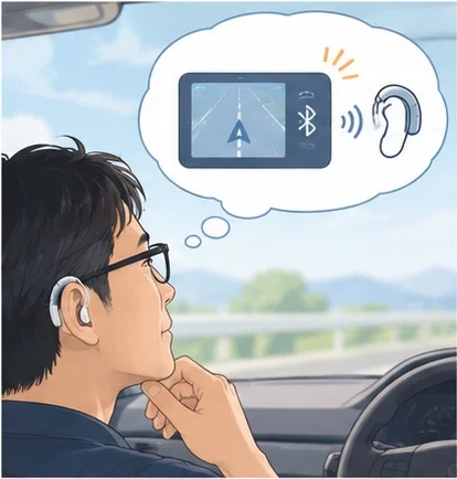 運転しながら考え事をする男性の思考の吹き出しに、カーナビ画面とBluetoothのアイコン、補聴器が描かれている
