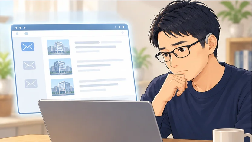 40代前半に見える、メガネと補聴器をつけた男性が、メール画面に並んだ紹介求人を見て、希望と合わず首をかしげている