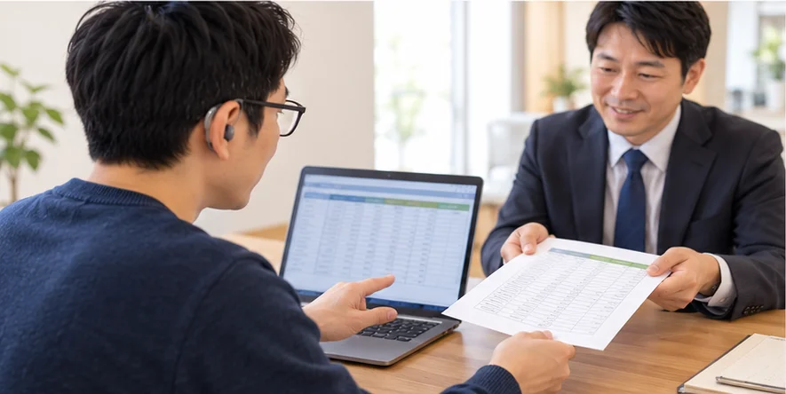 40代前半に見える、メガネと補聴器をつけた男性が、ノートパソコンの表計算の一覧を開きながら、印刷した医療費の一覧をスーツ姿の税理士に手渡している