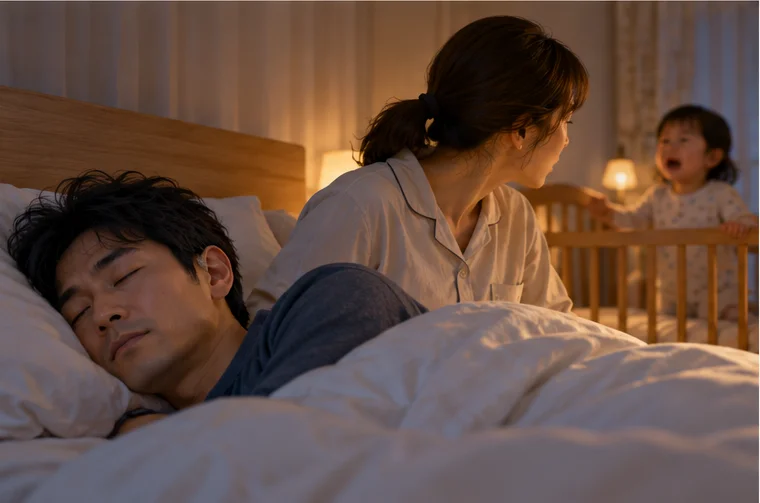夜の寝室。補聴器を外して眠っている男性の横で、妻が起き上がり、ベビーベッドで泣いている小さな子どものほうを見ている場面