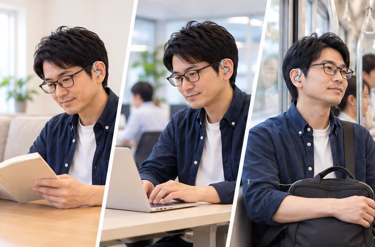 借りた補聴器をつけた、40代前半に見えるメガネの男性が、家のソファ、職場のパソコンの前、通勤の電車の中の3つの場所で音を確かめている