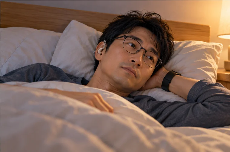 メガネと補聴器、腕のスマートウォッチをつけたまま布団に入った40代前半に見える男性が、眠れずに目を開けている夜の場面