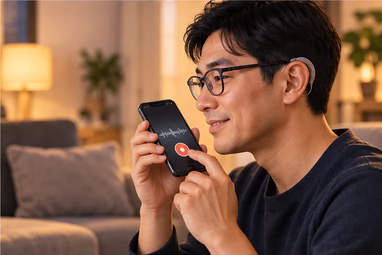 自宅のリビングで、40代前半に見える、メガネと補聴器をつけた男性が、iPhoneを口元に持って話しながら、画面の赤い録音ボタンを指で押している