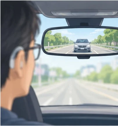 補聴器をつけた男性がルームミラー越しに後続車を確認している車内からの視点