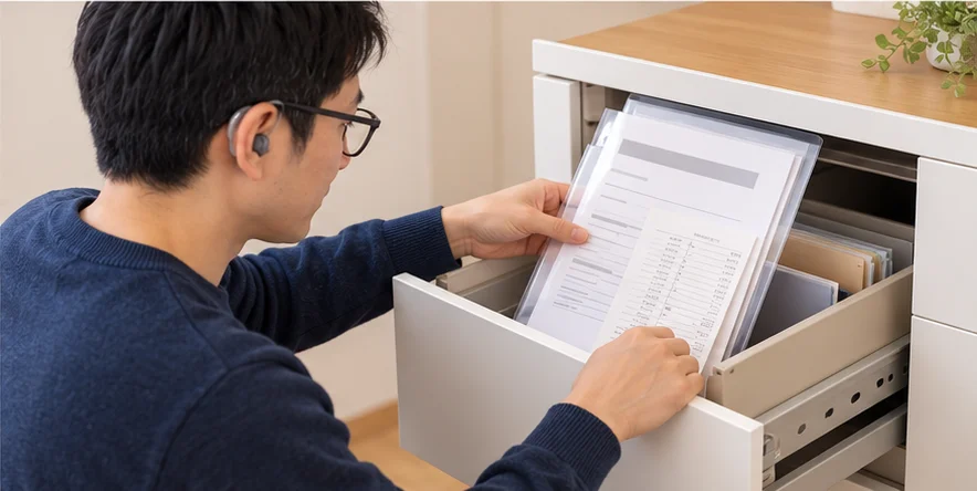 40代前半に見える、メガネと補聴器をつけた男性が、領収書や書類の写しをクリアファイルにまとめて、引き出しにしまっている