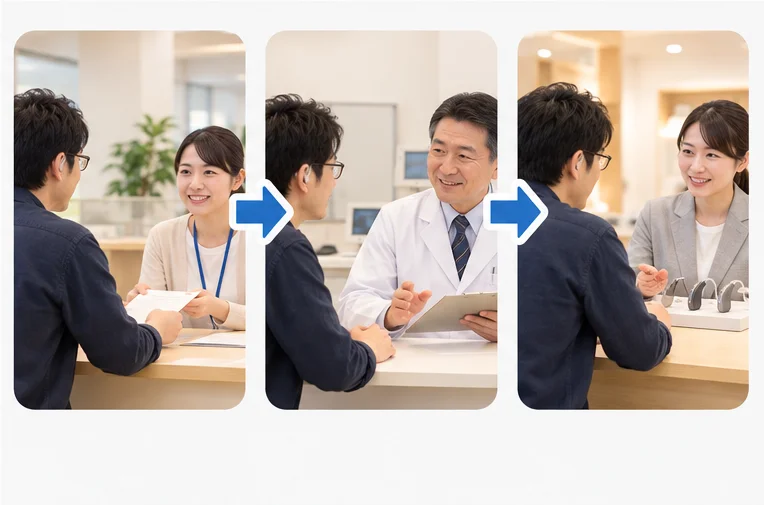 40代前半に見える、メガネと補聴器をつけた男性が、区役所の窓口、耳鼻科の医師、補聴器店の3か所を、矢印の順番に書類を持って回っている