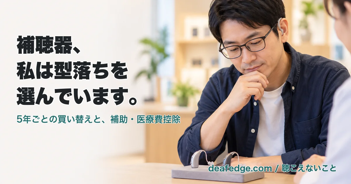 補聴器の専門店で、40代前半に見える、メガネと補聴器をつけた男性が、テーブルに並べた2つの耳かけ型補聴器を見比べている。左に「補聴器、私は型落ちを選んでいます。」の文字